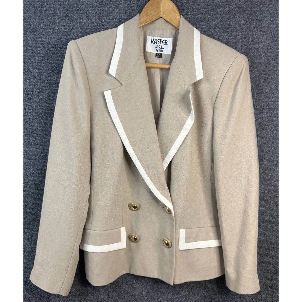 Kasper ASL Double Breasted Blazer Women's Size 10P Tan White Front Pockets